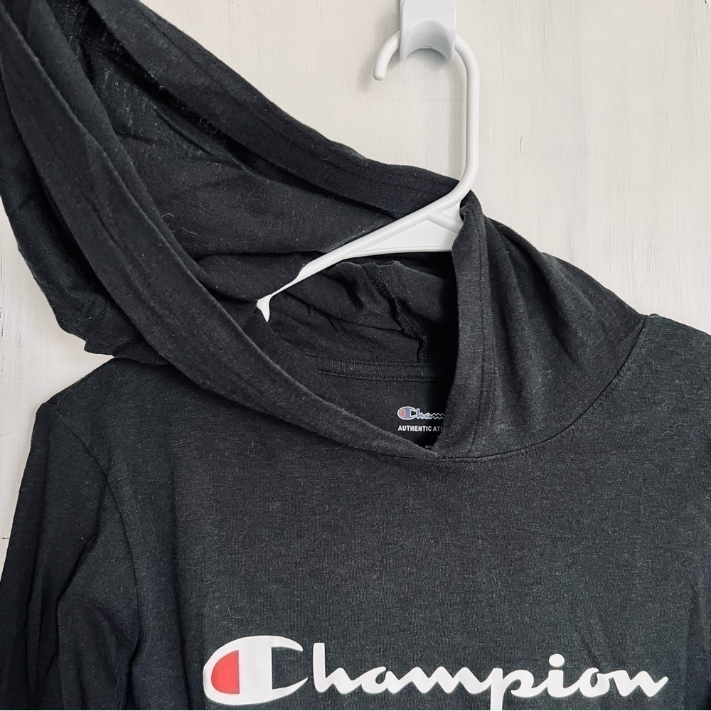 Champion Youth Black Long Sleeve Hoodie Shirt Spell Out Logo Lightweight Large - Picture 4 of 13
